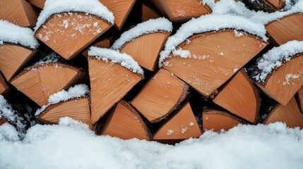 Canvas Print - Stack of snow-covered firewood logs cut into small pieces and arranged in a pile, ready for burning in cold winter weather, showcasing the natural texture of the wood.