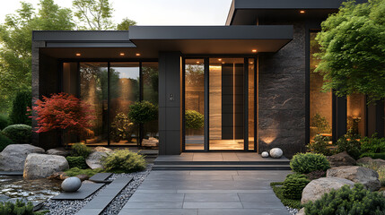 Modern home exterior with stone accents, lush greenery, and a sleek glass door. The warm lighting creates a welcoming ambiance.