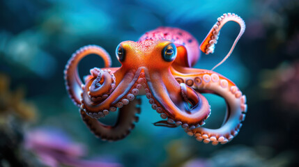 close-up of a vibrant orange octopus underwater, showcasing its detailed tentacles against a blurred