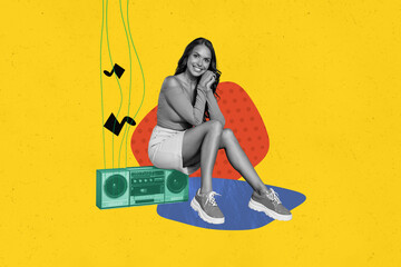 Poster - Composite trend artwork sketch image photo collage of student young lady model posing cute smile sit boombox obsolete music recorder