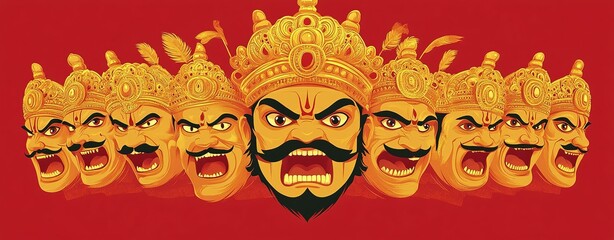 Wall Mural - Happy Dussehra. Ravan ten heads face with Dussehra is a major Hindu festival celebrated at the end of Navratri.