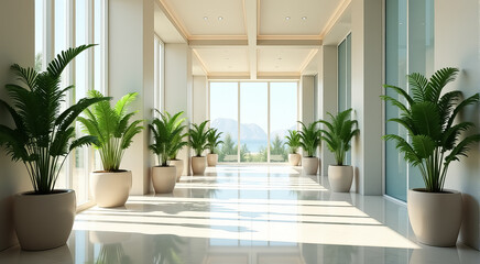 Wall Mural - A long hallway with a white wall and a view of the ocean