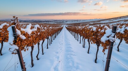 Wall Mural - Snow-covered vineyard with rows of grapevines during winter, featuring brown leaves and snow-topped vines under a sunset sky.