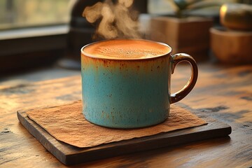 Wall Mural - A steaming cup of coffee on a wooden table