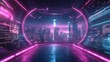 © Paul - A high-tech virtual reality room with holographic displays surrounding the user, featuring futuristic cityscapes, AI-generated skyscrapers, and soft purple light. [Cyberpunk, Neon, High-tech, 3D]