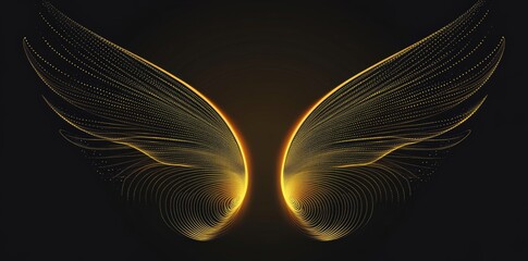 Modern illustration of abstract symmetry bird wings dots line pattern luxury gold light isolated on black.