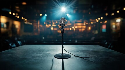 Canvas Print - A vintage microphone on a stand placed on a stage in a dimly lit venue, with a spotlight illuminating the microphone and blurred audience seating in the background.