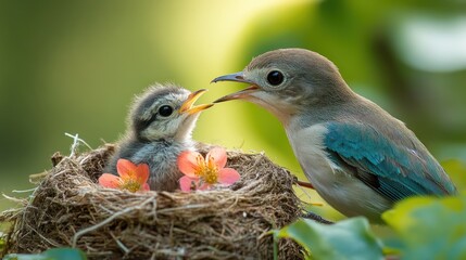 Wall Mural - Parent Bird Feeding Its Chick