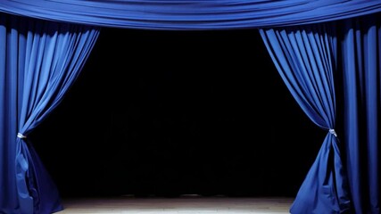 Aufkleber - Rich blue curtains are elegantly parted in the center, revealing a darkened area behind them, commonly used in theaters to create anticipation before a performance.