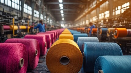 Colorful spools of thread in a textile manufacturing facility.