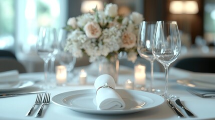 A neatly folded white napkin is placed on a clean white plate at a wedding reception. The bright and simple atmosphere emphasizes elegance and sophistication.