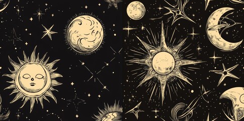 Zodiac signs and moon phases illustrations in vintage engraving style.