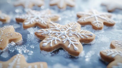 A close-up of beautifully decorated snowflake cookies resting on a frosty surface, perfect for winter-themed celebrations.