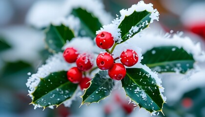 Festive close-up of holly berries adorned with snow, capturing the enchanting winter spirit perfect for Christmas and New Year ambiance.