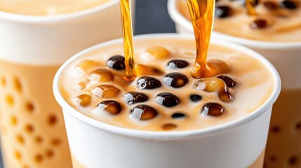 Poster - Close-up of three cups of bubble tea with tapioca pearls, showcasing the pouring of the tea into the cups.