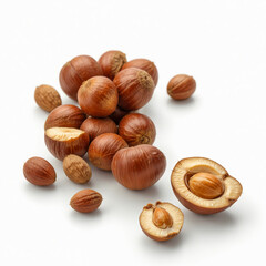 Hazelnut whole and half, isolated on white background