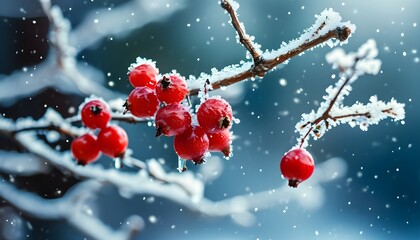 Wall Mural - Glistening icy berries on snowy branches capturing a chilly winter morning in a festive New Year and Christmas atmosphere