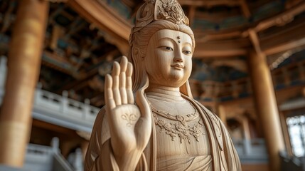 An intricately carved wooden statue of Guan Yin, set against a backdrop of traditional Chinese architecture, exuding ancient spiritual energy