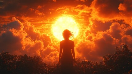 Wall Mural - Silhouette of a Woman against a Fiery Sunset