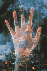 Futuristic digital hand concept merging technology and human touch in a cyber cityscape