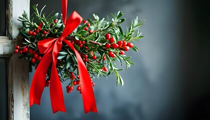 Festive mistletoe adorned with vibrant red ribbon, capturing the essence of Christmas and New Year spirit for greeting cards and event posters