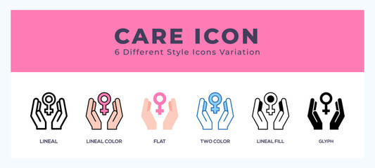 Sticker - Care icon symbol set. outline. glyph black. flat color and filled line color.