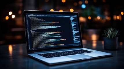 Sticker - A laptop displaying code on its screen sits on a desk in a dimly lit environment with bokeh lights in the background. A small potted plant is also on the desk.