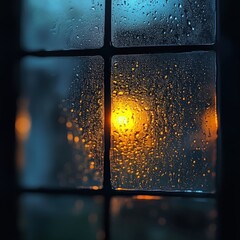 Raindrop-covered window with distant glowing light at night