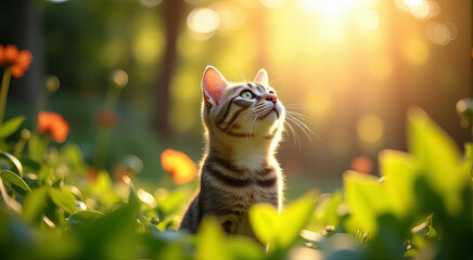 A curious tabby cat observes sunflowers during a warm afternoon, basking in natural sunlight and exploring vibrant surroundings