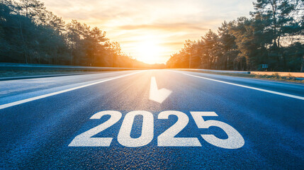 2025 on the road with a forward arrow, start forward path and future direction