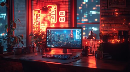 Sticker - Night Cityscape on a Computer Screen