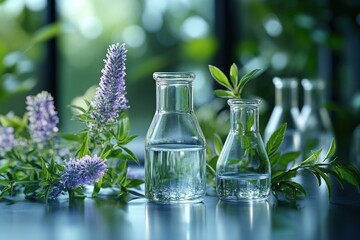 Canvas Print - Glass Bottles with Flowers and Clear Liquid