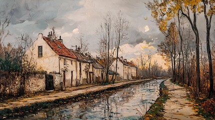 Wall Mural - Charming Canal Landscape with Houses and Trees in Autumn