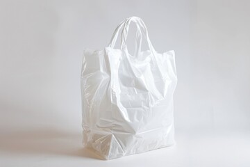 Canvas Print - A single white plastic bag sits on a table, waiting for use or disposal