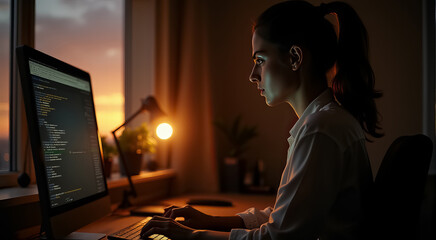 Canvas Print - A woman is sitting at a desk with a computer monitor in front of her