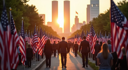 Poster - The flag is waving in the wind and the sun is setting in the background