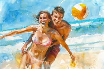 Wall Mural - A couple enjoying a fun day at the beach, playing with a beach ball