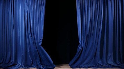 Aufkleber - A pair of elegant blue curtains hangs luxuriously, framing the stage, while soft lights create an inviting atmosphere for the upcoming performance.