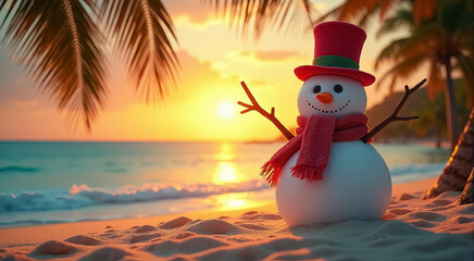 Sticker - A snowman is standing on a beach with a red scarf around its neck