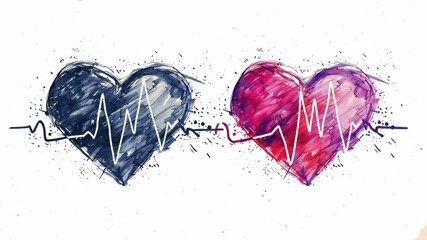 Poster - Two creatively sketched hearts, one black and one red, are connected by colorful heartbeat lines against a vibrant, abstract background full of splashes.