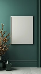 Wall Mural - White blank frame mockup and green wall and wooden floor living room story portrait background