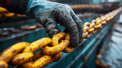 Wall Mural - Close-up of a Hand Holding a Thick Yellow Chain