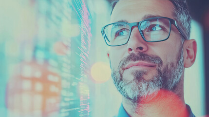 Poster - Man in glasses looks up thoughtfully in front of a tech screen.