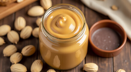 A jar of peanut butter is sitting on a wooden table with a pile of peanuts next