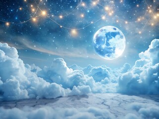 Ethereal clouds swirl in a soft, gradient blue expanse, flecked with twinkling lights that resemble powdered sugar, as a gentle, luminous moon glows in the distance