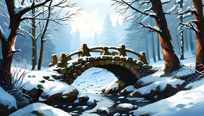 Enchanting winter landscape featuring a snowy stone bridge nestled in a serene forest, perfect for festive backgrounds and holiday banners