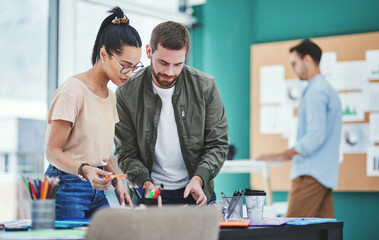 Aufkleber - Creative, business people or team planning in meeting for brainstorming idea, brand identity or campaign design. Group, manager or discussion in startup for problem solving, solution or collaboration