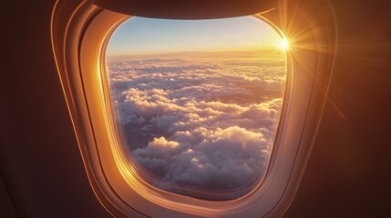 view from airplane window on the wing at sunset time