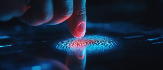 Wall Mural - A close-up of a finger touching a high-tech fingerprint scanner, illuminated with blue and red light, symbolizing security and technology.