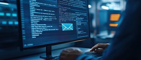 A close-up of a programmer's hands typing on a keyboard in front of a computer screen displaying code and an email icon.